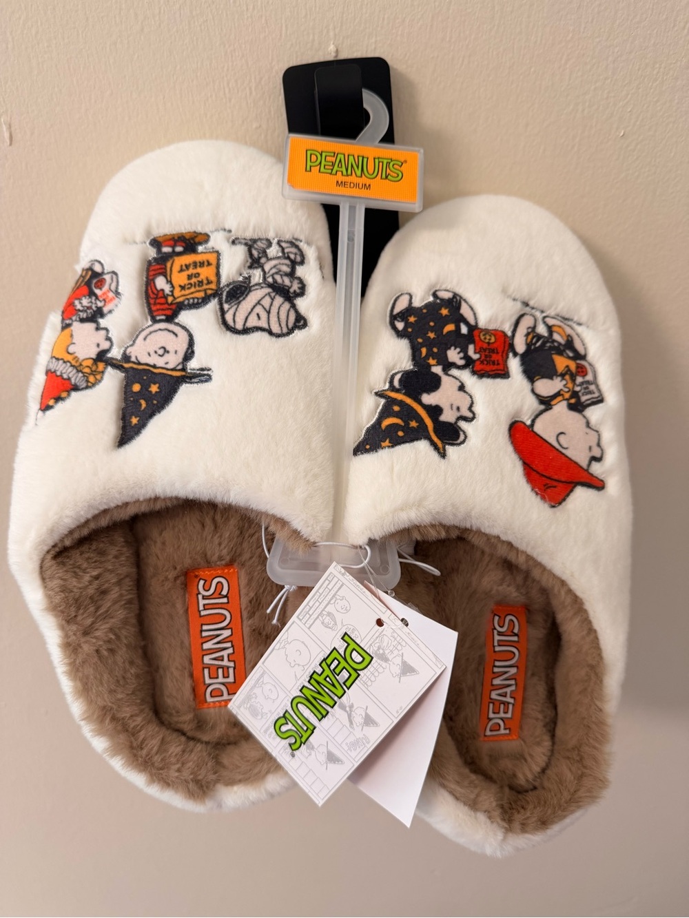 Peanuts Women’s White Plush Character Slippers with Brown Lining